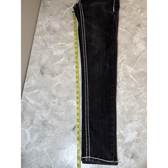 LA IDOL EMBELLISHED BLACK SKINNY JEANS SZ 5 Thick White Stitch Low Rise‎ - Picture 11 of 11